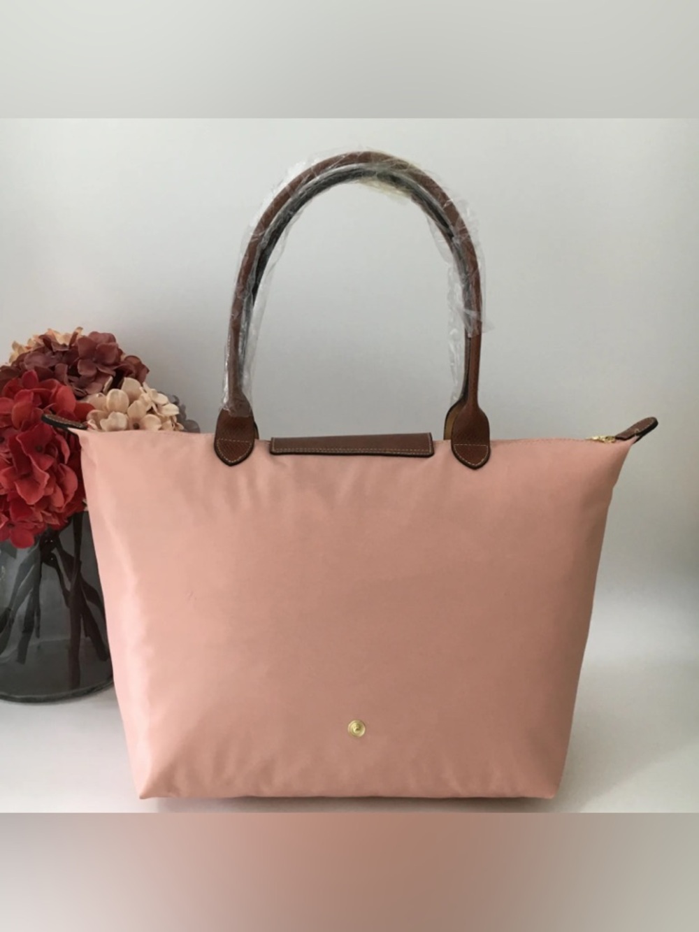 Longchamp Blush Pink Tote with Brown Trim